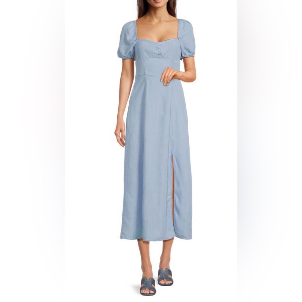 RD STYLE Dania Puff Sleeve A Line Midi Dress Size Small Chambray Square Neck